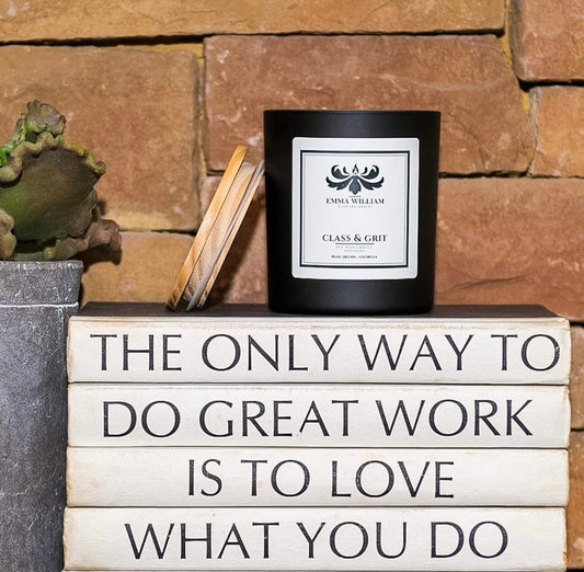 “Class & Grit luxury candle by Emma William – citrus, tea, and sandalwood fragrance inspired by strength and legacy.”